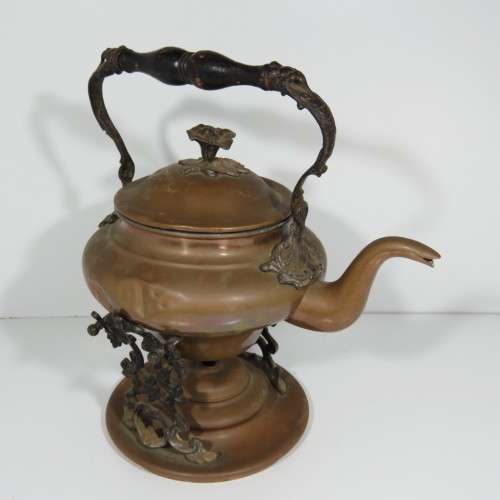 Antique copper tea pot on stand with burner - Some dents