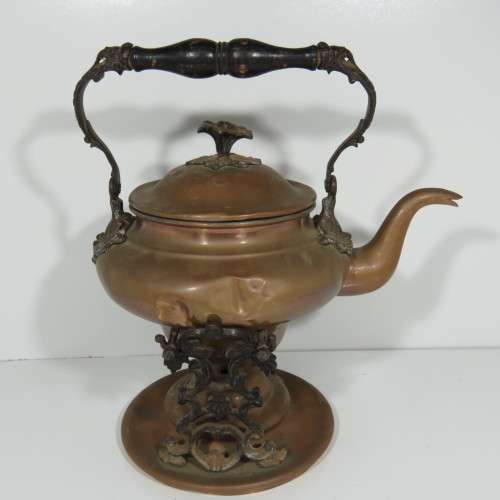 Antique copper tea pot on stand with burner - Some dents