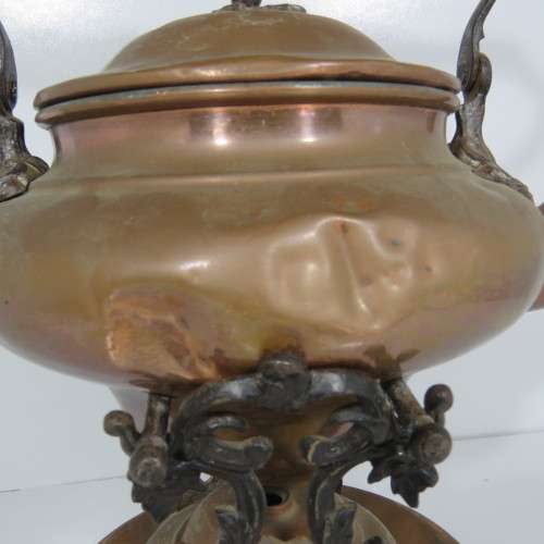 Antique copper tea pot on stand with burner - Some dents