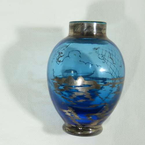 Mini blue glass urn with silver cladding