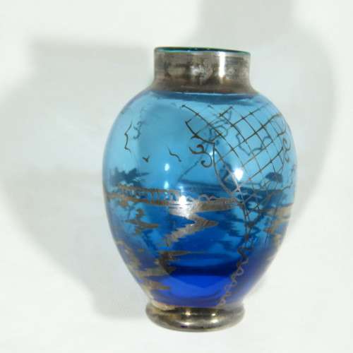 Mini blue glass urn with silver cladding