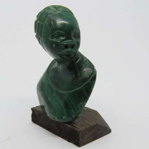 Malachite bust carving on wooden base