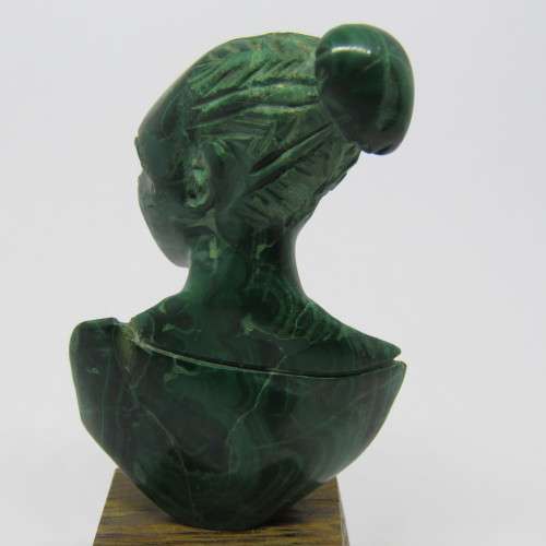 Malachite bust carving on wooden stand