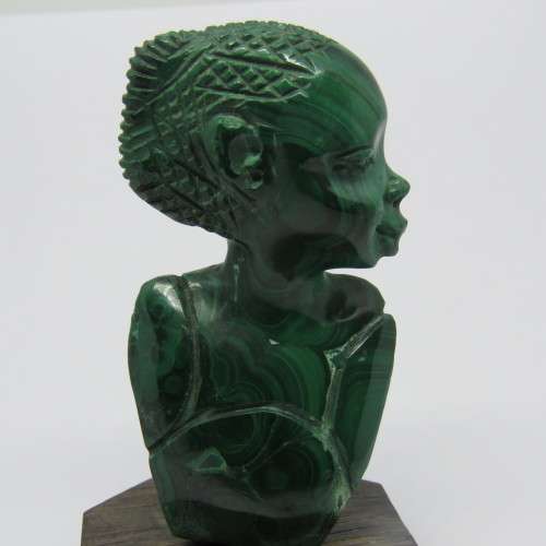 Malachite bust carving on wooden base