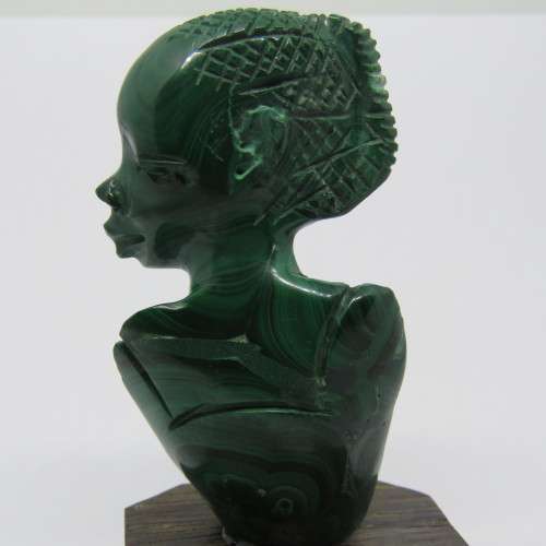 Malachite bust carving on wooden base