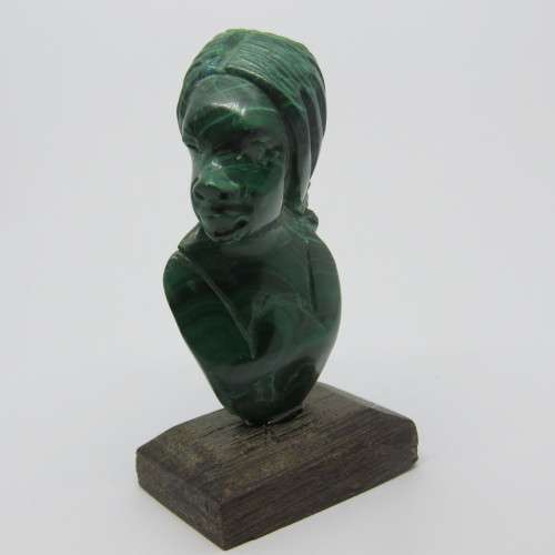 Malachite bust carving on wooden base