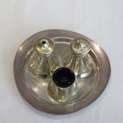 EPNS mustard, salt and pepper set on stainless tray