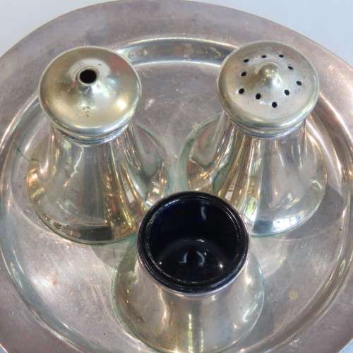 EPNS mustard, salt and pepper set on stainless tray