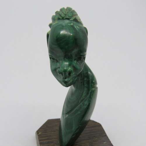 Malachite bust carving on wooden base