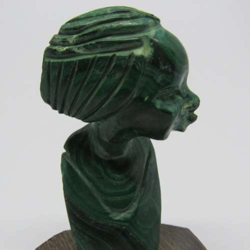 Malachite bust carving on wooden base