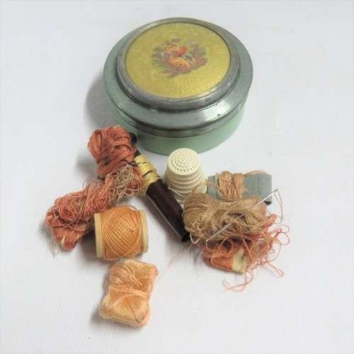Vintage needlework tin with contents