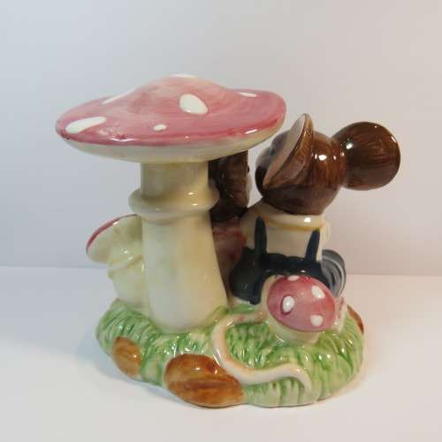Porcelain mice having tea under mushroom figurine by Function Art