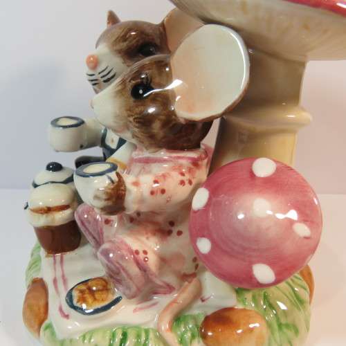 Porcelain mice having tea under mushroom figurine by Function Art
