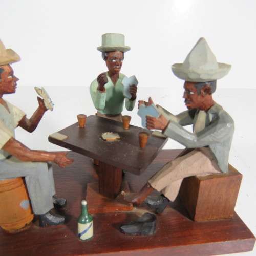 Vintage wooden artwork - 3 Guys playing cards