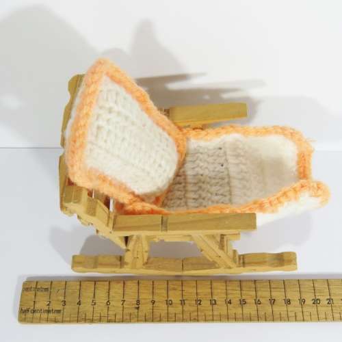 Vintage doll`s furniture - Rocking chair made from pegs - With cushion and floor mat