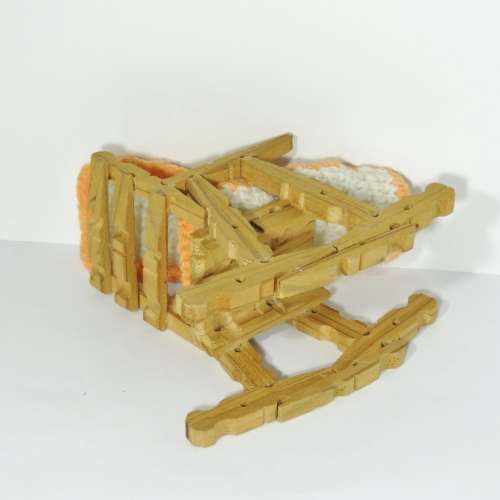 Vintage doll`s furniture - Rocking chair made from pegs - With cushion and floor mat