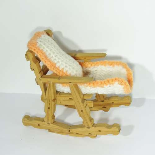 Vintage doll`s furniture - Rocking chair made from pegs - With cushion and floor mat