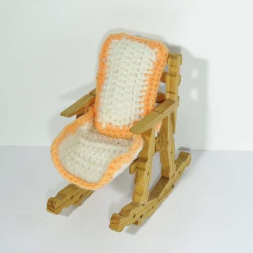 Vintage doll`s furniture - Rocking chair made from pegs - With cushion and floor mat
