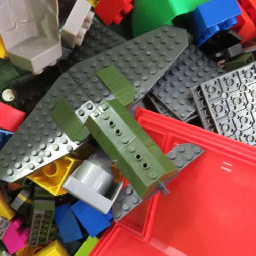 Large lot of assorted building blocks - Lego Duplo, Mega blocks, Playmobil - Plastic bin included