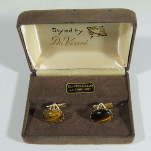 Pair of gold plated tigers eye cufflinks