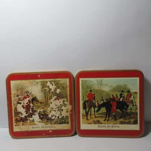 Set of 6 vintage traditional English for Hunting coasters - Two are damaged