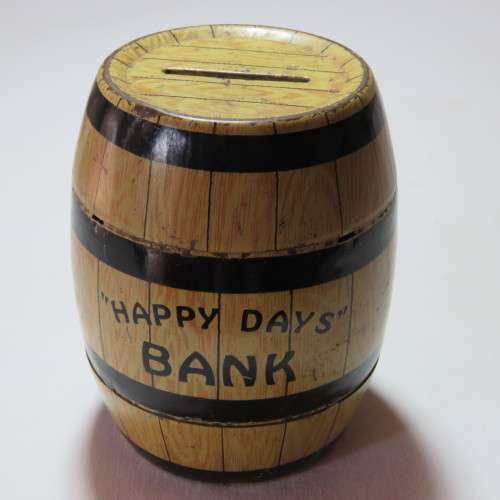 Happy Days tin barrel bank