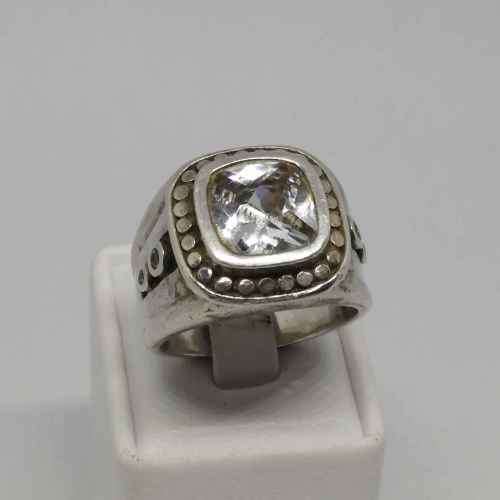 Sterling Silver ring with 5 stones - Central clear stone and 4 diamonds on side size T -weighs 15.4g