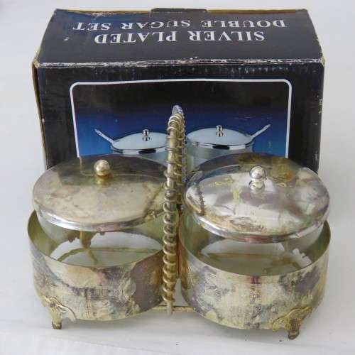 Silverplated double sugar bowl set