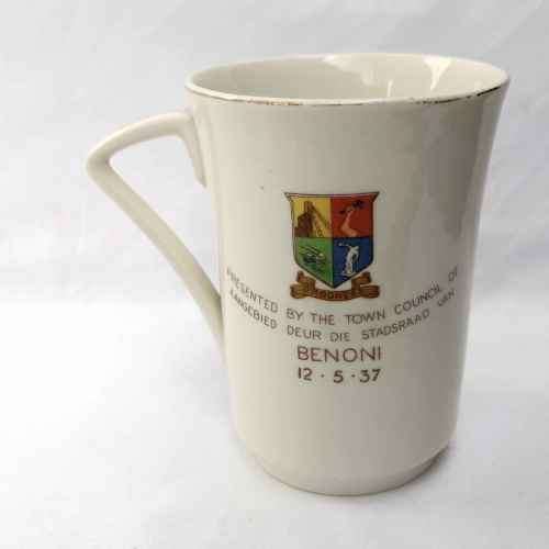 1937 King George VI coronation mug - Presented by town council of Benoni