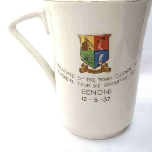 1937 King George VI coronation mug - Presented by town council of Benoni