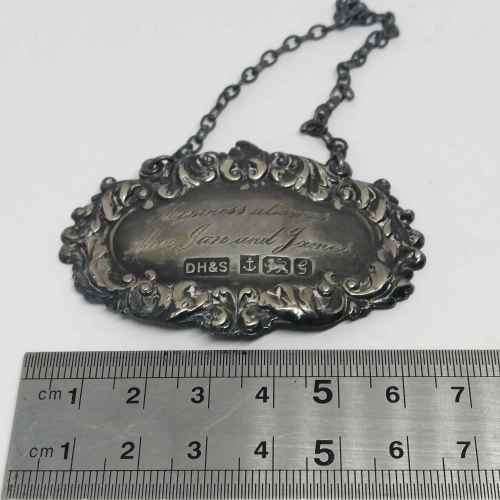 Hallmarked Sterling silver bottle neck tag - inscribed ` Happiness Always - Alan, Jan and James `
