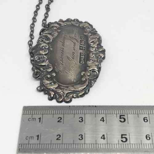 Hallmarked Sterling silver bottle neck tag - inscribed ` Happiness Always - Alan, Jan and James `