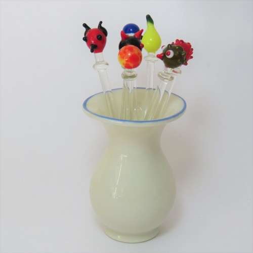 Lot of 7 vintage cocktail sticks of glass in small vase