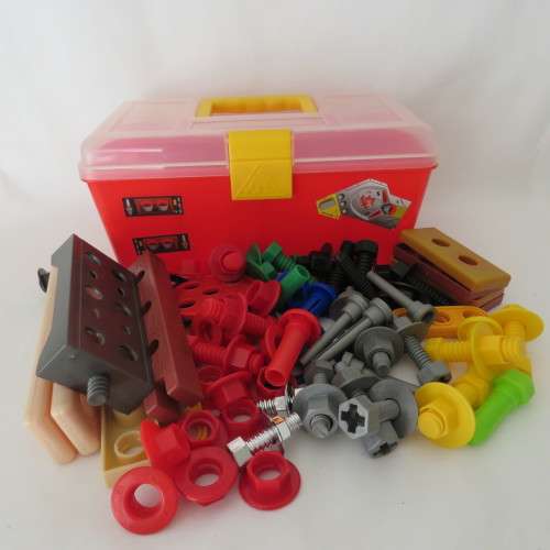 Plastic bolts and nuts for younger children - Play set - 86 Pieces with tool case