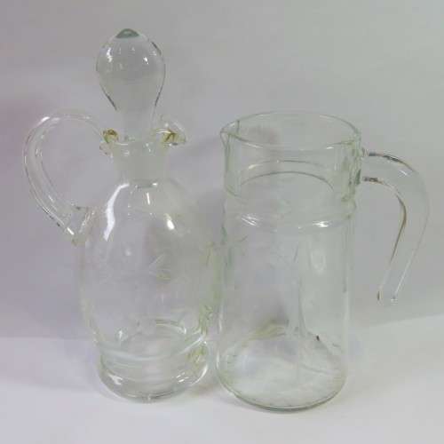 Vintage Grape pattern oilve oil / vinegar holder with glass stopper plus milk jug