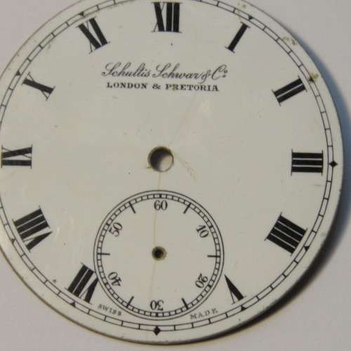Schultis Schwar & Co London & Pretoria pocket watch enameled face - Fine crack but ok