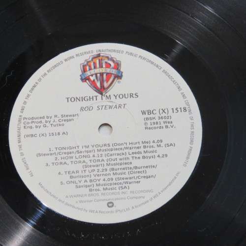 Vintage Vinyl Record LP 33 rpm Rod Steward Tonight I`m yours 1981 - WB records WBC(X) 1518