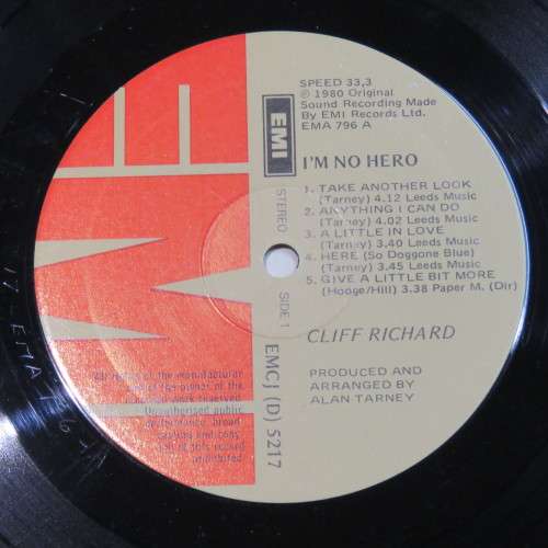Vintage Vinyl Music Record LP 33 rpm Cliff Richard I`m no Hero - EMI 1980 EMJC(D)5217