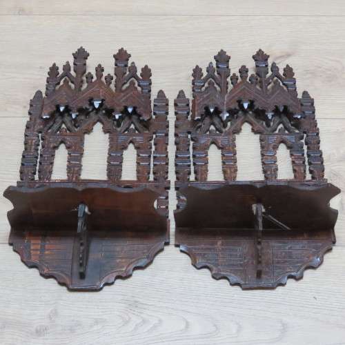 Pair of Antique wooden fret work wall hangings - 46 cm High
