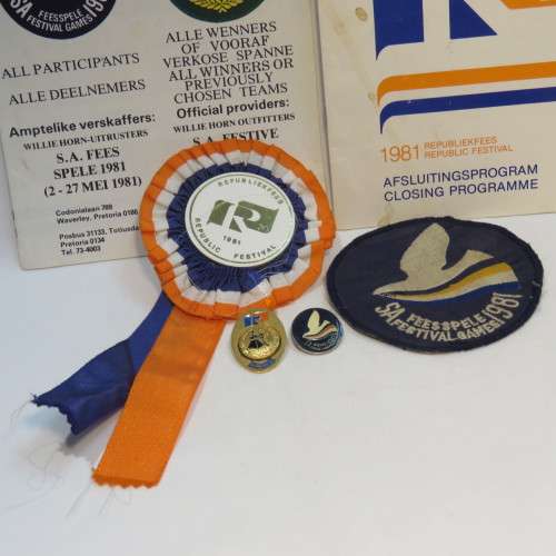 SA Feesspele 1981 pin badge, rosette, blazer badge, booklet, closing program and joint 20 year / Vol