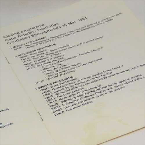 SA Feesspele 1981 pin badge, rosette, blazer badge, booklet, closing program and joint 20 year / Vol