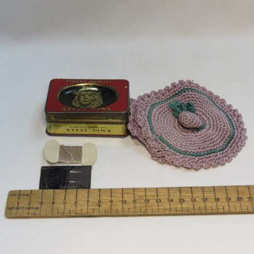 Vintage needlework bag with needles, pins, thread and lots of other needlework spares in bag