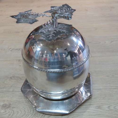 Silverplated Bangkok arts and crafts ice/punch bucket on drip tray - 37 cm High