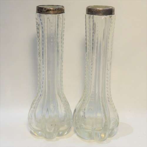 Pair of Antique glass flower pots with hallmarked silver rim