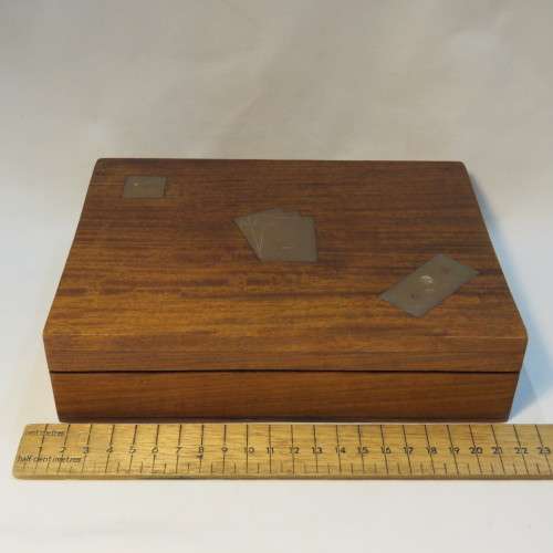 Vintage dominoes card and dice game box with all items - Dominoes and dice are wood with brass inlay