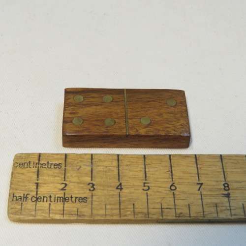 Vintage dominoes card and dice game box with all items - Dominoes and dice are wood with brass inlay