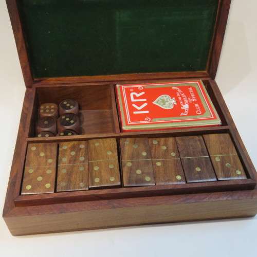 Vintage dominoes card and dice game box with all items - Dominoes and dice are wood with brass inlay