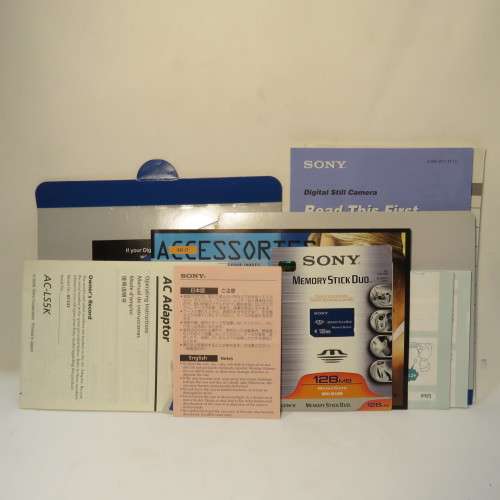Sony DSC 17 digital still camera with books, stand, case, cables and 128 MB memory card