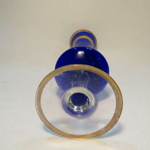 Bohemian Cobalt blue glass flower vase with gold trimming and applied flowers