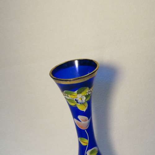 Bohemian Cobalt blue glass flower vase with gold trimming and applied flowers